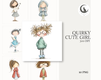 Quirky Cute Girl PNG Clipart Whimsical Character Illustration Sweet Aesthetic Art Scrapbook Ephemera Transparent Background Digital Download