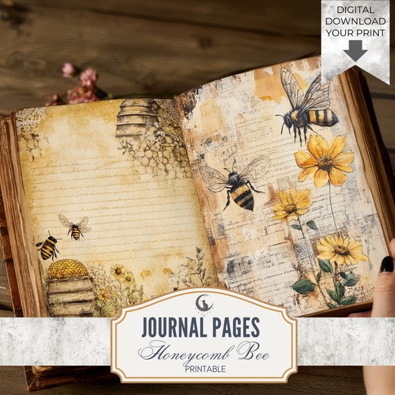 Honeycomb Bee Spring Junk Journal Pages Set of 30 Printable 300 DPI Digital Paper Whimsical Nature for Scrapbooking Crafts Collage Download