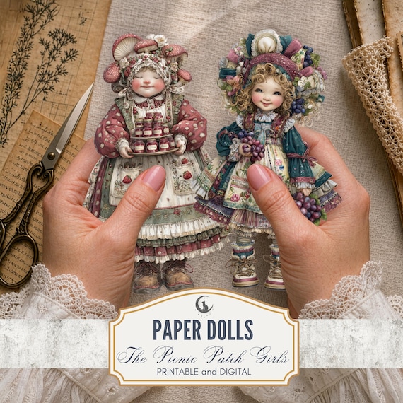 Quirky Girls Paper Doll Fussy Cuts Food PNG PDF Whimsical Grandma Core Ephemera Printable Junk Journal Download Lunorart