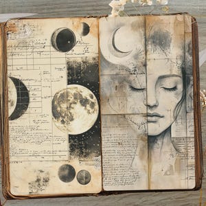 May include: Open journal with a vintage aesthetic, featuring illustrations of the moon phases and a woman's face. The pages have handwritten script and celestial imagery. Scissors and a key are placed near the journal.