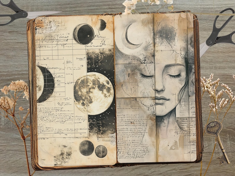 May include: Open journal with a vintage aesthetic, featuring illustrations of the moon phases and a woman's face. The pages have handwritten script and celestial imagery. Scissors and a key are placed near the journal.
