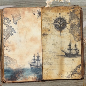 May include: An open antique book with a vintage map and compass design. The book is open to a page with a map of North America and a compass rose. The book is surrounded by dried flowers and scissors.