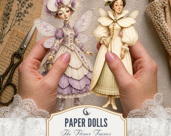 Flower Fairy Paper Dolls PNG PDF Whimsical Quirky Botanical Characters Fussy Cuts Cottagecore Scrapbook Ephemera Junk Journal Download