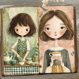 May include: A vintage-style illustration featuring two girls in a book. One girl is preparing tea, and the other is holding a teacup. The artwork has a soft color palette with floral and botanical elements, creating a whimsical and cozy atmosphere.