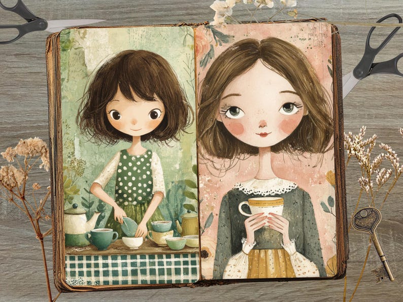 May include: A vintage-style illustration featuring two girls in a book. One girl is preparing tea, and the other is holding a teacup. The artwork has a soft color palette with floral and botanical elements, creating a whimsical and cozy atmosphere.