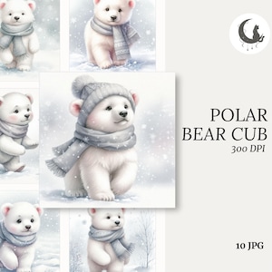 Cachorro de oso polar, acuarela, caprichoso, efímero, animal del bosque, diario basura, manualidades de papel, clipart, elemento de tarjeta festiva, collage de invierno, libro