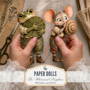 Woodland Animal Paper Dolls PNG PDF Whimsical Quirky Eccentric Hedgehog Mouse Otter Fussy Cuts Scrapbook Ephemera Transparent Background