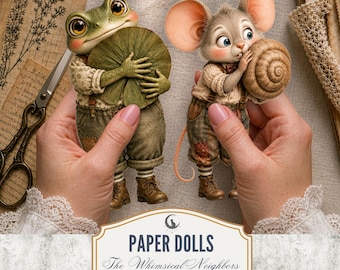 Woodland Animal Paper Dolls PNG PDF Whimsical Quirky Eccentric Hedgehog Mouse Otter Fussy Cuts Scrapbook Ephemera Transparent Background