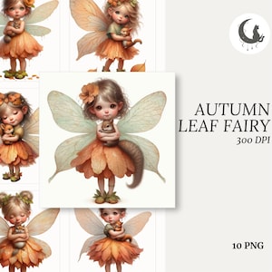 May include: Digital art featuring several autumn leaf fairies. Each fairy has delicate wings and wears a dress made of orange and yellow leaves. They are holding small animals. The text "AUTUMN LEAF FAIRY" and "10 PNG" is visible.