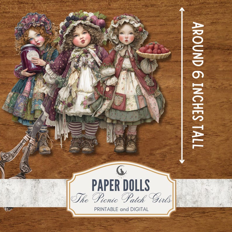 May include: Three paper dolls, each approximately 15 cm tall, in vintage clothing. One doll holds a jar, another a pie, and the third a pair of scissors. The dolls are set against a wood-grain background. The text reads "Paper Dolls The Picnic Patch Girls PRINTABLE and DIGITAL."