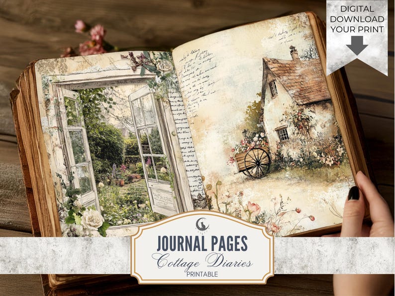 Cottage Diaries Junk Journal Pages Printable Set Cozy Rustic Ephemera Cottagecore Paper Background for Scrapbooking Collage Crafts Download image 1