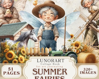 Summer Farm Fairies Collage Book Backgrounds JPG Whimsical Barn Animals Farmhouse Ephemera Cut and Collage Art Journaling Printable