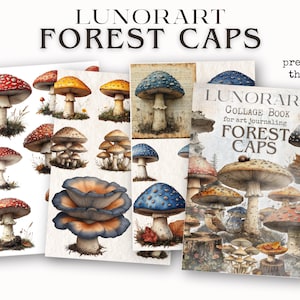 May include: A collage book for art journaling featuring illustrations of various mushrooms with red, yellow, blue, and brown caps. The book cover features the title "LUNORART COLLAGE BOOK for art journaling FOREST CAPS".