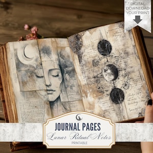 May include: Open journal pages with illustrations of a woman's face, a crescent moon, and phases of the moon. The pages have a vintage, aged appearance with handwritten notes. The text "JOURNAL PAGES Lunar Ritual Notes PRINTABLE" is displayed.