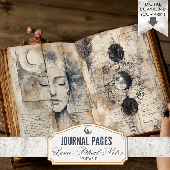 Moon Ritual Notes Junk Journal Pages JPG Celestial Spellbook Ephemera Mystical Grimoire Style Art Journaling Collage Printable