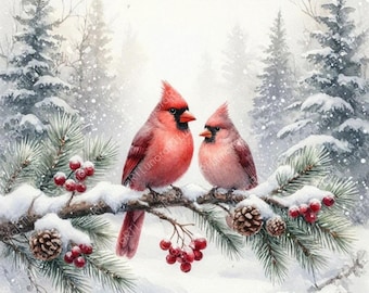 Christmas Cardinal Winter Background Snowy Pine Forest Landscape Red Birds Snow Digital Paper Woodland Christmas Junk Journal Scrapbook