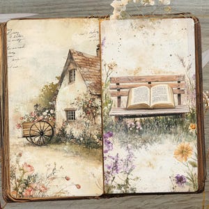 May include: An open book with a cottage and bench scene. The cottage has a stone facade, a brown roof, and a small cart. The bench holds an open book. The scene is surrounded by flowers and greenery.