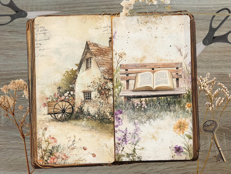 May include: An open book with a cottage and bench scene. The cottage has a stone facade, a brown roof, and a small cart. The bench holds an open book. The scene is surrounded by flowers and greenery.