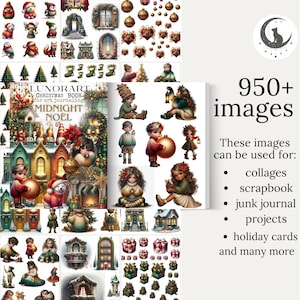 Puede incluir: Colecci&oacute;n de im&aacute;genes digitales con ilustraciones navide&ntilde;as. Las im&aacute;genes incluyen personajes festivos, adornos, casas y el texto "LUNORART CHRISTMAS BOOK for art journaling MIDNIGHT NOEL". Adecuado para collages, &aacute;lbumes de recortes y tarjetas navide&ntilde;as.