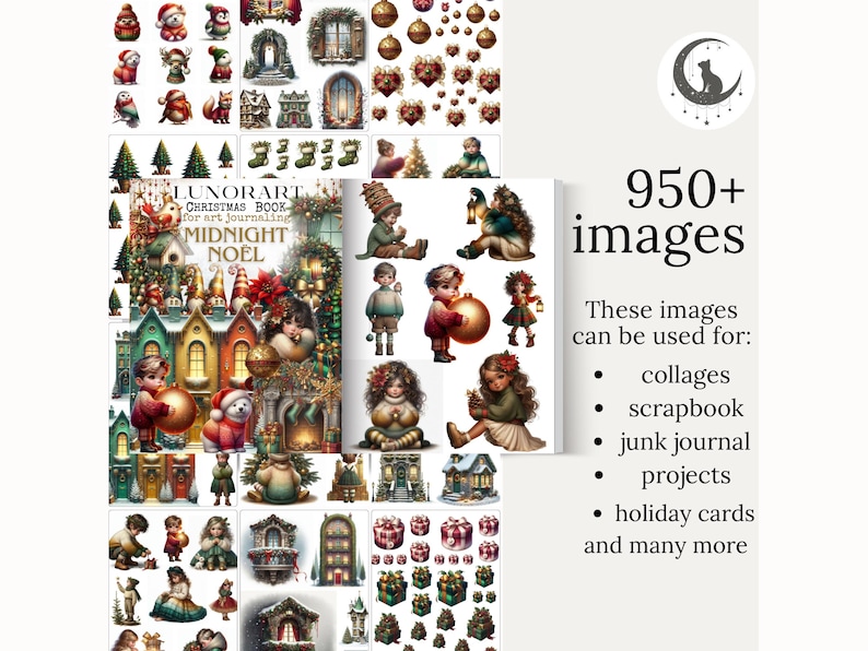 Puede incluir: Colecci&oacute;n de im&aacute;genes digitales con ilustraciones navide&ntilde;as. Las im&aacute;genes incluyen personajes festivos, adornos, casas y el texto "LUNORART CHRISTMAS BOOK for art journaling MIDNIGHT NOEL". Adecuado para collages, &aacute;lbumes de recortes y tarjetas navide&ntilde;as.