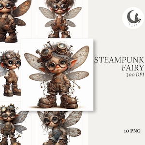 May include: Digital illustration of steampunk fairies with large eyes, wearing goggles, overalls, and boots. The fairies have detailed wings and are surrounded by the text "STEAMPUNK FAIRY 300 DPI" and "10 PNG".