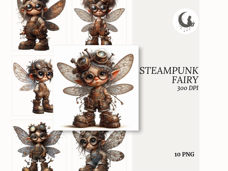 May include: Digital illustration of steampunk fairies with large eyes, wearing goggles, overalls, and boots. The fairies have detailed wings and are surrounded by the text "STEAMPUNK FAIRY 300 DPI" and "10 PNG".