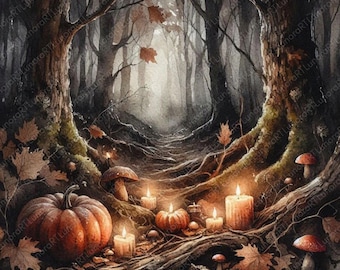 Woodland Halloween Digital Paper Whimsical Forest Backgrounds Autumn Fantasy Landscape Junk Journal Scrapbooking Collage Halloween Ephemera
