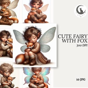 May include: Digital art featuring multiple illustrations of fairies with foxes. The fairies have wings and are dressed in brown and tan clothing. The text "CUTE FAIRY WITH FOX" is displayed, along with "300 DPI" and "10 JPG".