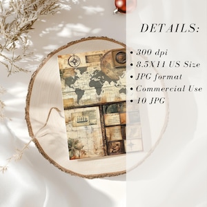 May include: A set of 10 digital paper designs featuring vintage maps, compass roses, and nautical elements. The papers are in a warm brown and cream color palette and are perfect for scrapbooking, card making, and other paper crafts.