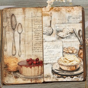May include: An open book illustration with vintage kitchen utensils and food items. The image features a fork, spoon, and ladle, along with a cake topped with cherries, a bowl of mashed potatoes, and baked goods. The color palette is warm, with sepia tones.
