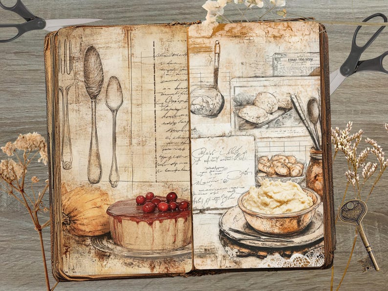 May include: An open book illustration with vintage kitchen utensils and food items. The image features a fork, spoon, and ladle, along with a cake topped with cherries, a bowl of mashed potatoes, and baked goods. The color palette is warm, with sepia tones.