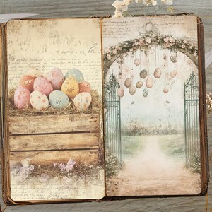 May include: An open vintage book with a rustic brown cover. The left page features a wooden crate filled with pastel colored Easter eggs. The right page shows a whimsical garden scene with a white archway covered in flowers and a path leading to a gate.
