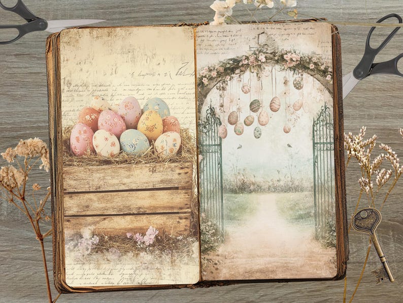 May include: An open vintage book with a rustic brown cover. The left page features a wooden crate filled with pastel colored Easter eggs. The right page shows a whimsical garden scene with a white archway covered in flowers and a path leading to a gate.