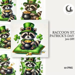 Ensemble de 10 cliparts de raton laveur aquarelle de la Saint-Patrick de haute qualité 300 DPI PNGs vacances irlandaises Art animalier pour décoration de cartes en téléchargement numérique