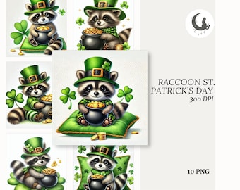 Watercolor St Patrick's Day Raccoon Clipart Set of 10 High Quality 300 DPI PNGs Irish Holiday Animal Art for Cards Decor Digital Download