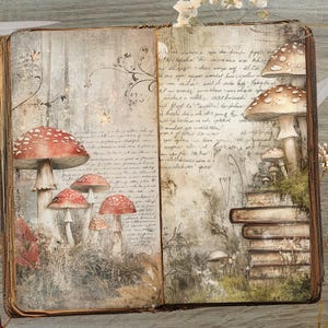 May include: An open book with a vintage aesthetic, featuring illustrations of red-capped mushrooms with white spots. The pages have handwritten script and are surrounded by dried flowers and a key, creating a whimsical, fantasy theme.