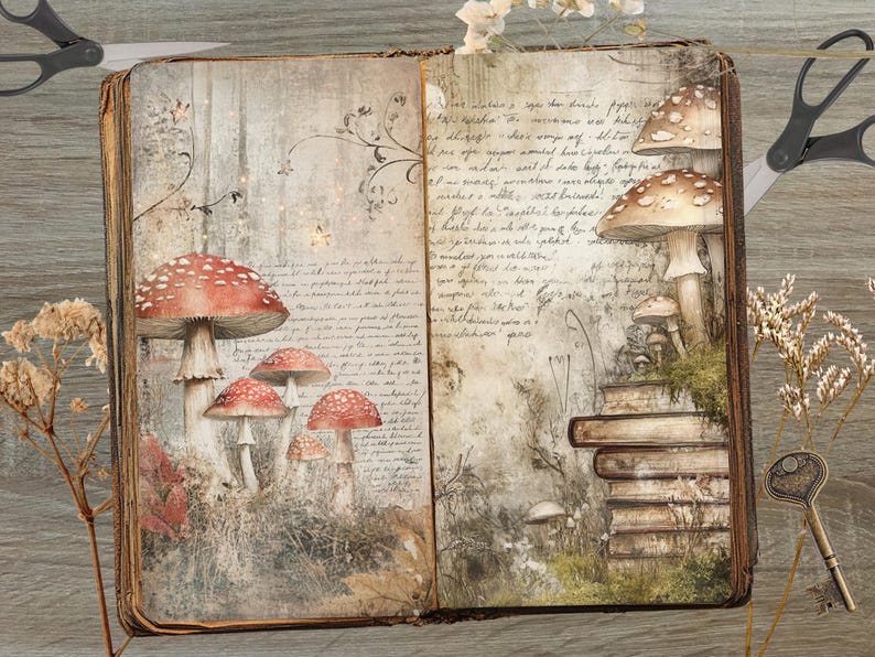 May include: An open book with a vintage aesthetic, featuring illustrations of red-capped mushrooms with white spots. The pages have handwritten script and are surrounded by dried flowers and a key, creating a whimsical, fantasy theme.