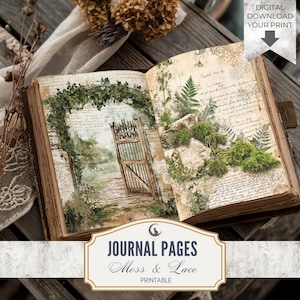 Páginas imprimibles de diario de recuerdos de musgo y encaje, papel botánico suave grunge efímero para álbumes de recortes, collages y manualidades de inspiración rústica.