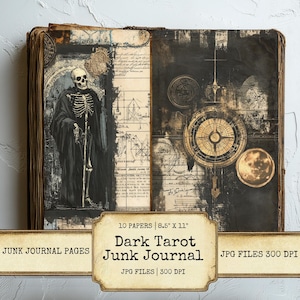 Juego de 10 páginas de diario basura de Tarot Oscuro, papeles digitales imprimibles de 300 DPI, arte de adivinación gótico místico para álbumes de recortes, manualidades y collages.