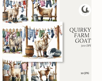 Może przedstawiać: Akwarelowa ilustracja przedstawiająca kozy w butach, stojące obok sznurów do wieszania prania. Obraz zawiera drewniane beczki, metalowe wiadra i tekst "Quirky Farm Goat". Grafika ma kapryśny, rustykalny motyw.