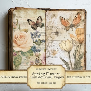 Juego de 20 páginas de diario basura con motivos florales de flores de primavera, papeles digitales imprimibles de 300 DPI, fondos artísticos para álbumes de recortes, manualidades, collages, descargas