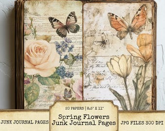 Spring Flowers Floral Junk Journal Pages Set of 20 Printable 300 DPI Digital Papers Background Art for Scrapbooking Crafts Collage Download