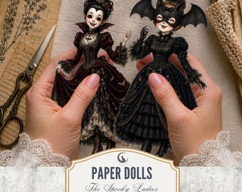Halloween Lady Paper Dolls PNG PDF Whimsical Quirky Gothic Cottagecore Fussy Cuts Ephemera Printable Junk Journal Scrapbook Digital Download