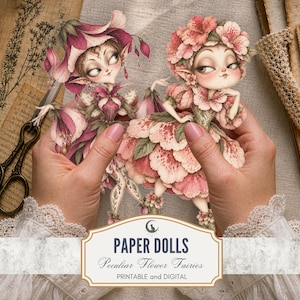Peut inclure: Deux poupées en papier représentant des fées des fleurs avec de grands yeux et des oreilles pointues. Une fée porte un chapeau et une robe en forme de fuchsia magenta, l'autre une coiffe florale rose et une jupe à pétales. Texte : PAPER DOLLS Peculiar Flower Fairies PRINTABLE and DIGITAL.