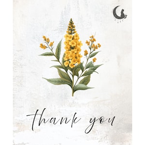 May include: A botanical illustration featuring a vibrant yellow flower with green leaves. The words "Thank you" are written in elegant script at the bottom. A crescent moon with a cat silhouette is in the upper right corner.