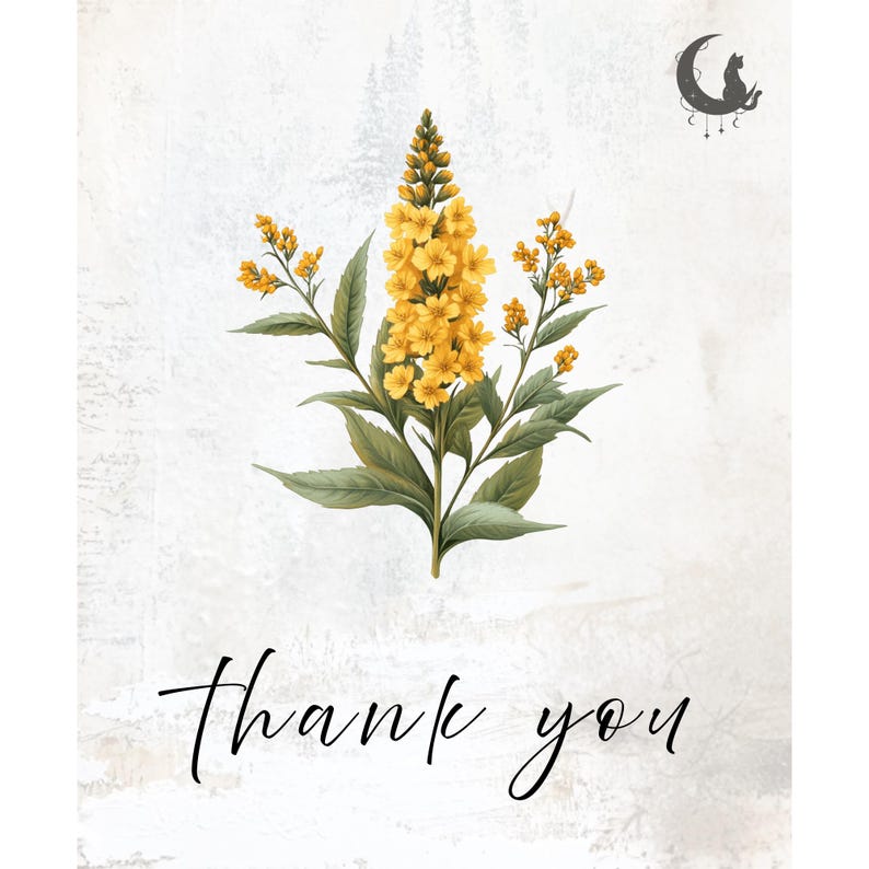 May include: A botanical illustration featuring a vibrant yellow flower with green leaves. The words "Thank you" are written in elegant script at the bottom. A crescent moon with a cat silhouette is in the upper right corner.