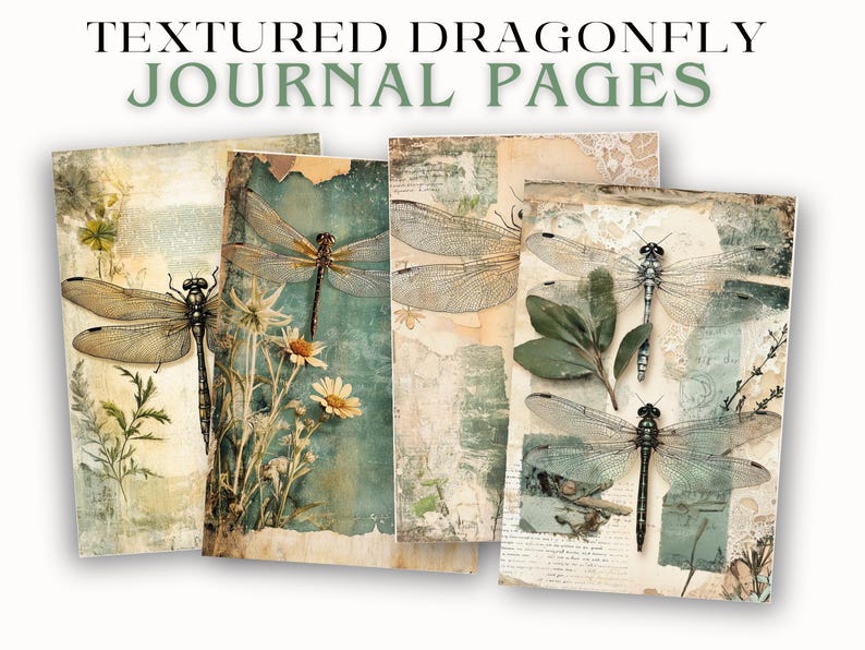 Dragonfly Textured Junk Journal Page JPG Landscape Botanical Background ...