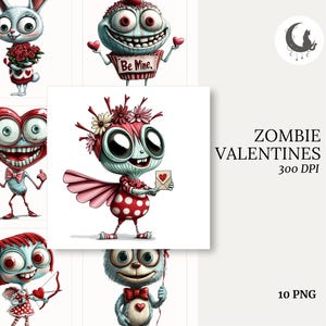 Oryginalny antywalentynkowy, kapryśny zestaw clipartów postaci zombie walentynkowych, wysokiej jakości 300 DPI PNG do scrapbookingu i kartek świątecznych
