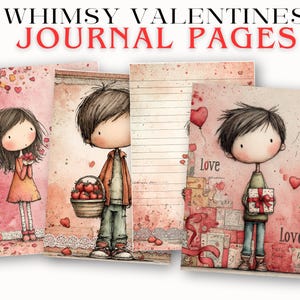 K&ouml;nnte beinhalten: Verspielte Valentinstag-Journalseiten mit Illustrationen von Cartoonfiguren, Herzen und Geschenken. Die Seiten haben einen Aquarellstil mit einer weichen, romantischen Farbpalette aus Rosa, Rot und Braun. Der Text "Whimsy Valentines Journal Pages" steht oben.