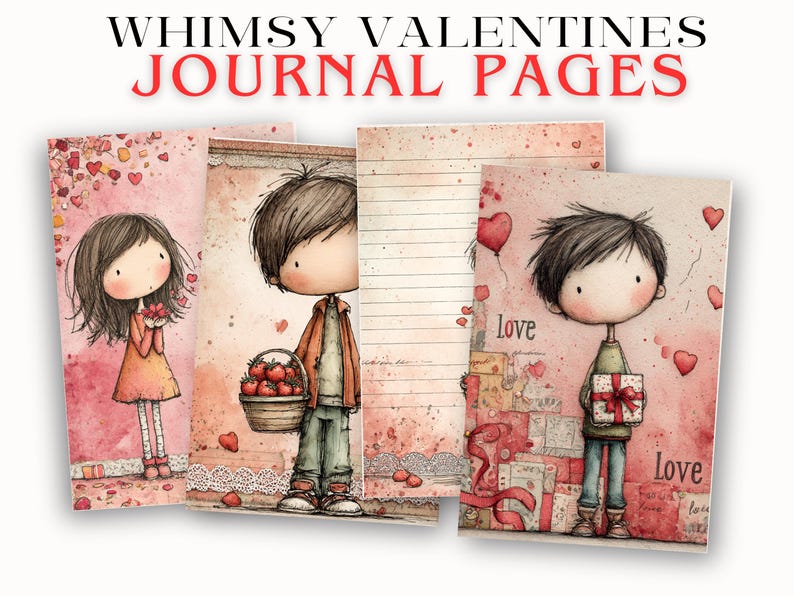 K&ouml;nnte beinhalten: Verspielte Valentinstag-Journalseiten mit Illustrationen von Cartoonfiguren, Herzen und Geschenken. Die Seiten haben einen Aquarellstil mit einer weichen, romantischen Farbpalette aus Rosa, Rot und Braun. Der Text "Whimsy Valentines Journal Pages" steht oben.